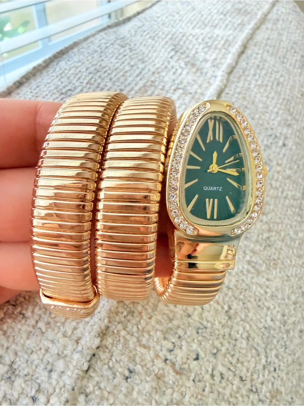 Serpentine Snake Gold Bracelet Watch with Green Dial